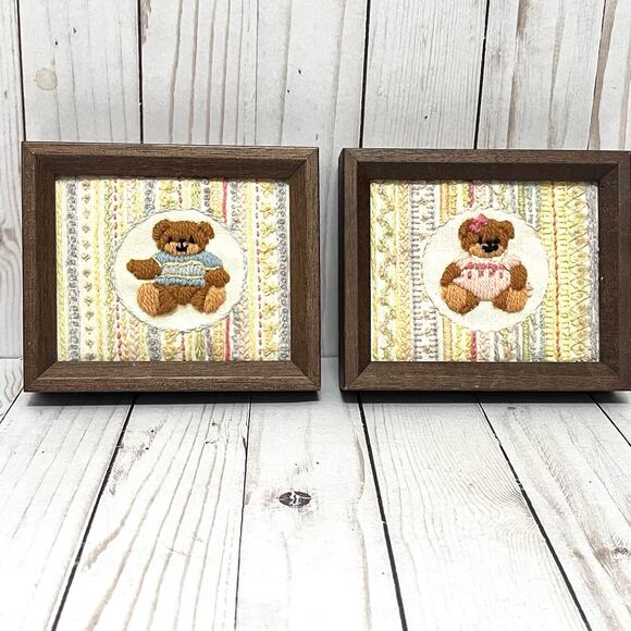 Vintage 1980s Sunset Designs Framed Embroidery Teddy Bears Boy/Girl Nursery Set - Picture 1 of 11